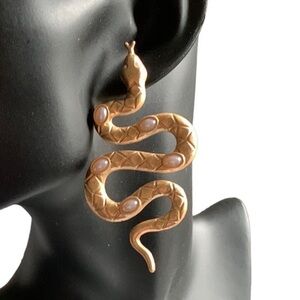SNAKE Shaped Gold Tone and Pearl Drop Pierced Earrings Textured